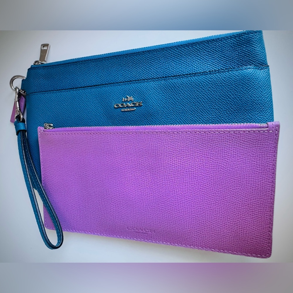 Coach Colorblock Leather Wristlet Wallet Blue Purple Zip Clutch Pouch - Picture 4 of 11